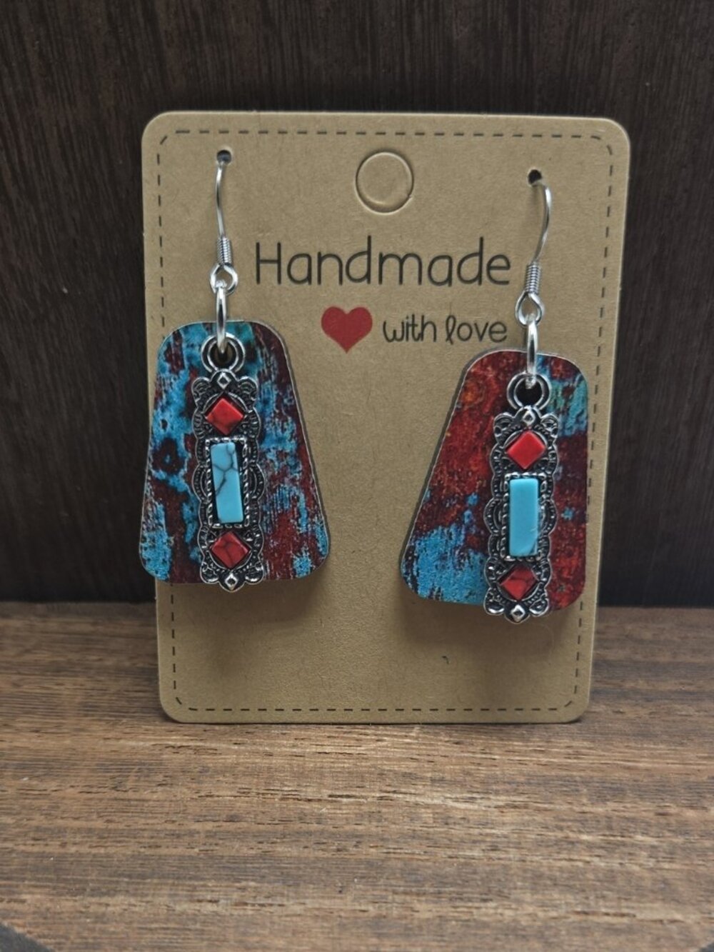 NWT Wood Faux Turquoise Earrings Pierced Silver Tone Faux Turquoise Western OOAK